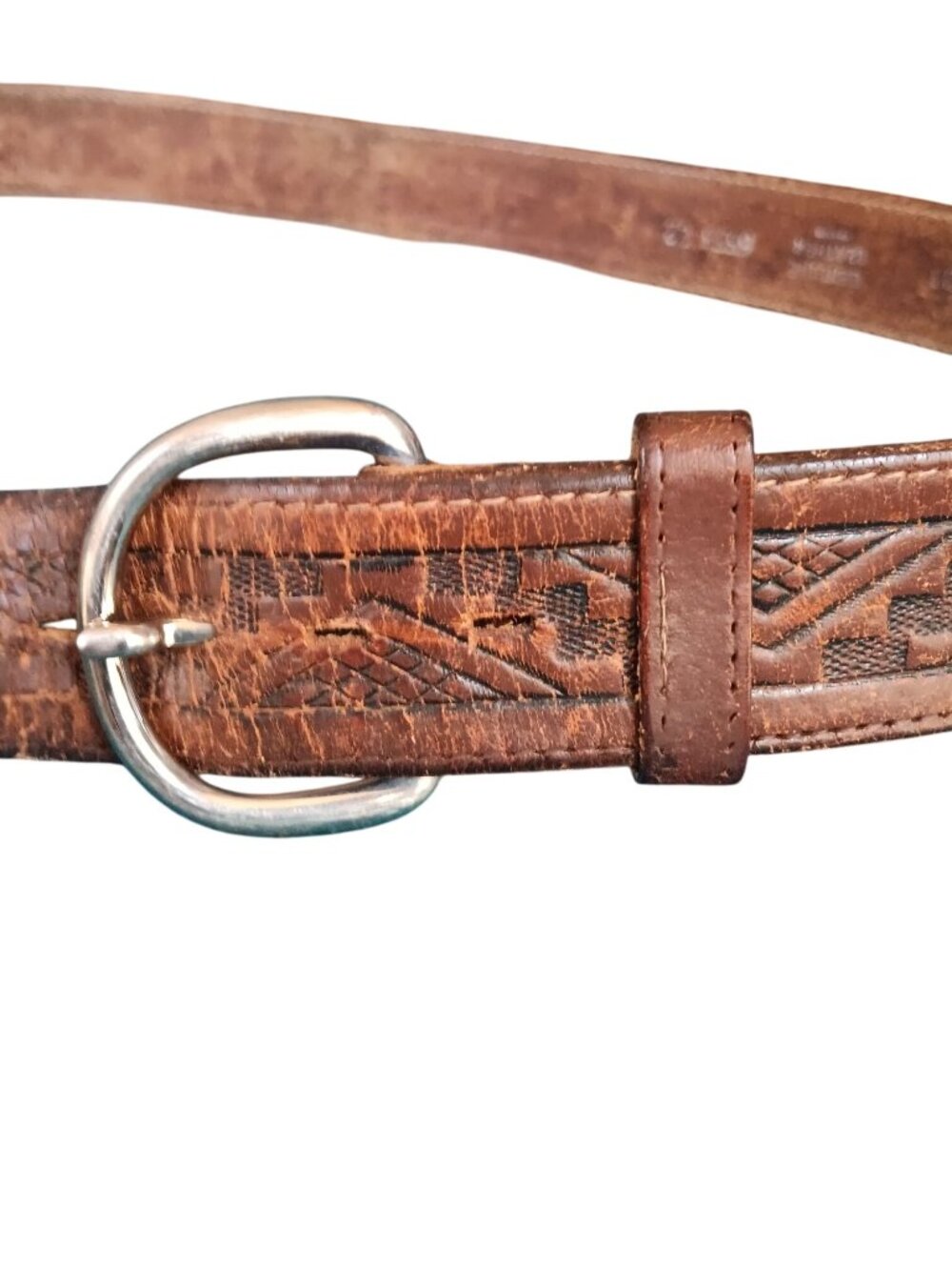 Vintage 40 Genuine Leather Belt Embossed Geometric Aztec Mexico Made 1980's